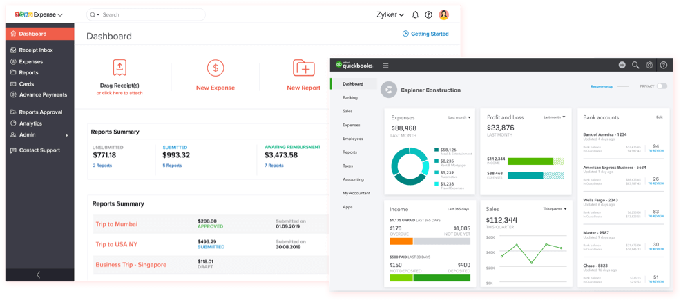 Dashboards from Zoho books and Quickbooks featuring income and expenses, profit and loss, bank accounts and sales